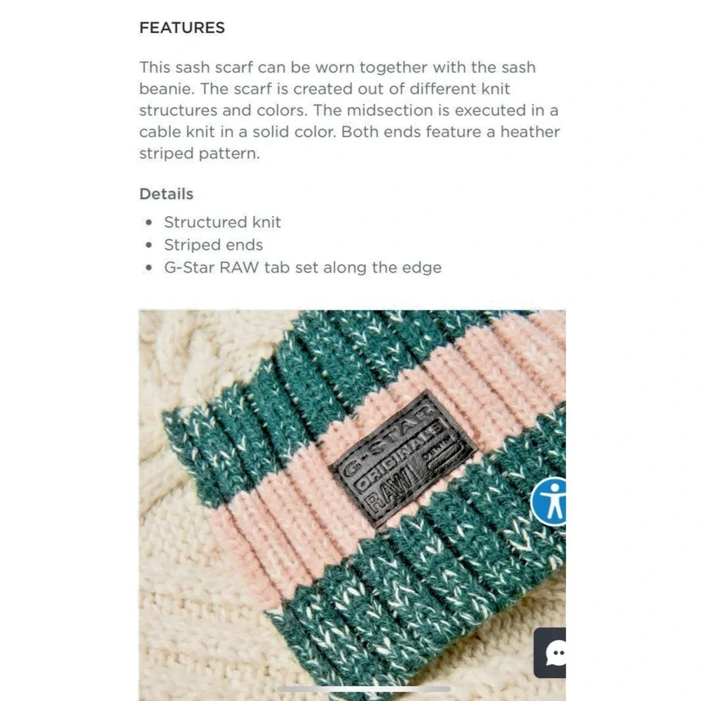 G-Star Raw Sash‎ Soft Touch Coac Knit Scarf Ivory Stripe Trim Organic Cotton